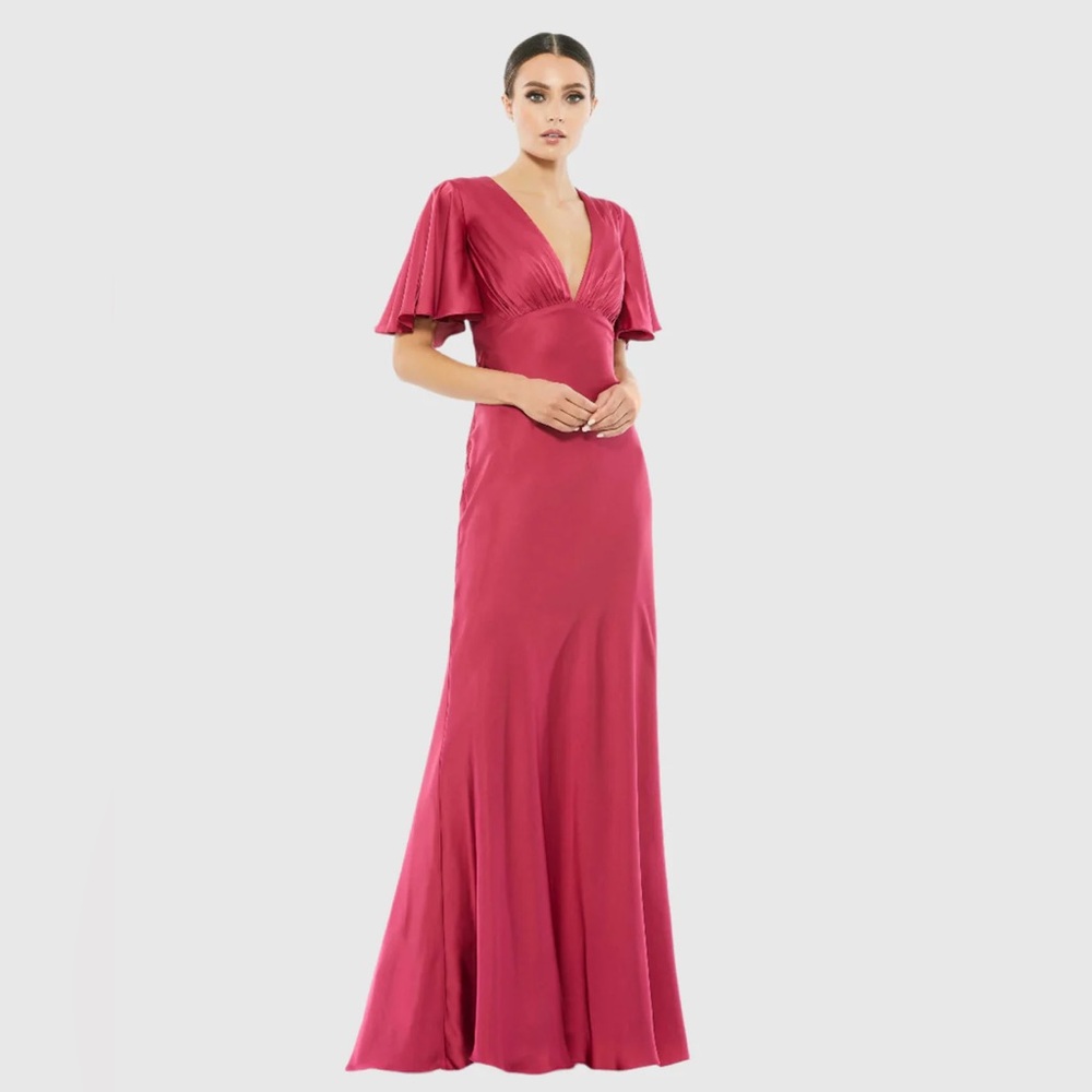 NWT $298 MAC DUGGAL Flounce Sleeve V-Neck Trumpet Gown DRESS SATIN 55402